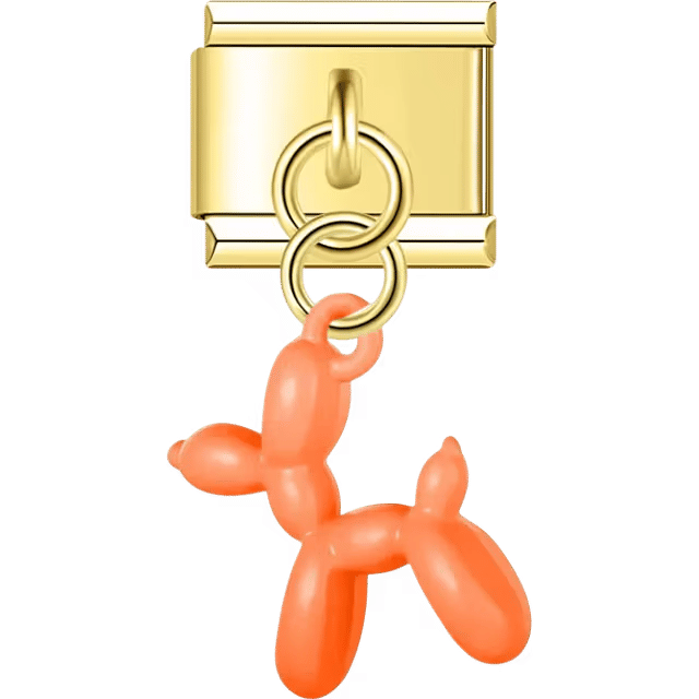 Gold Italian charm dangle with an orange balloon dog figurine hanging from two gold rings.