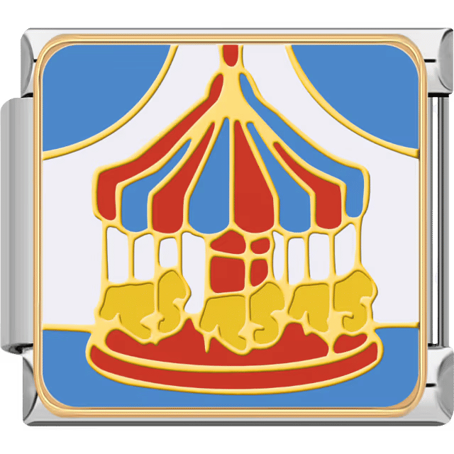 A colorful carousel with red, blue, and yellow accents inside a shiny silver Italian charm link.