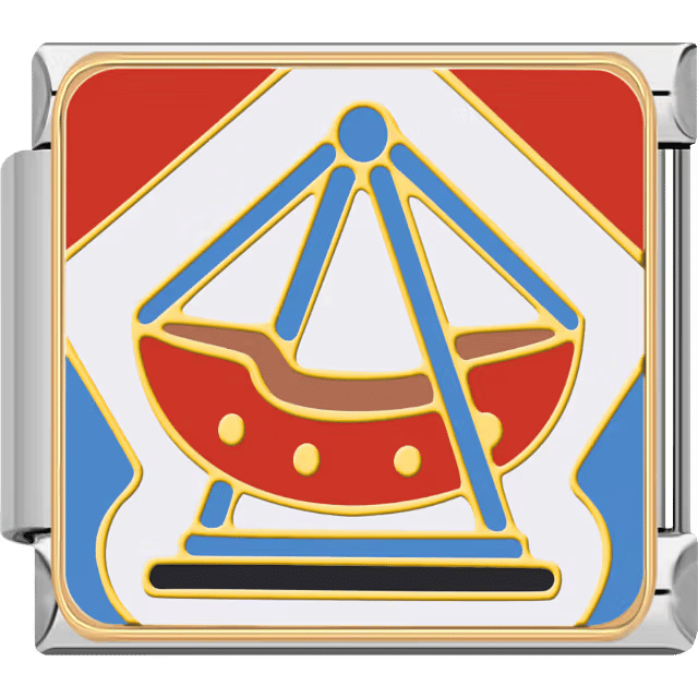 A red and blue swinging pirate-ship carnival ride inside a shiny silver Italian charm.