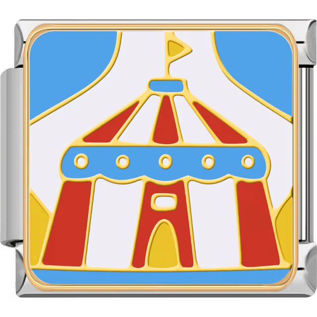 A bright red and blue big-top circus tent with a small flag on top, framed in a silver Italian charm.