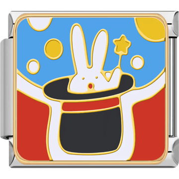 A cute white rabbit popping out of a magician’s black hat with colorful circles, set in a silver Italian charm.