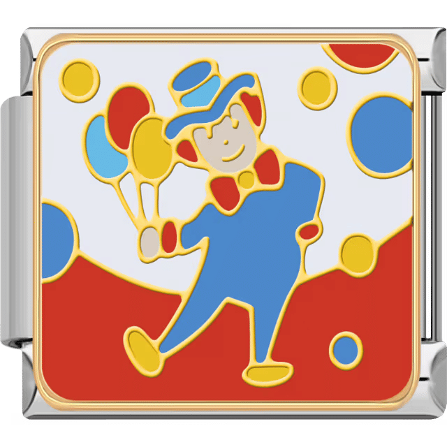 A smiling clown holding colorful balloons with red and blue circus elements, set in a silver Italian charm.