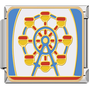 A red, yellow, and blue Ferris wheel illustrated inside a silver Italian charm link.