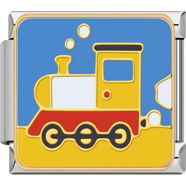 A red and yellow toy-style locomotive moving forward with smoke puffs, framed in a silver Italian charm.