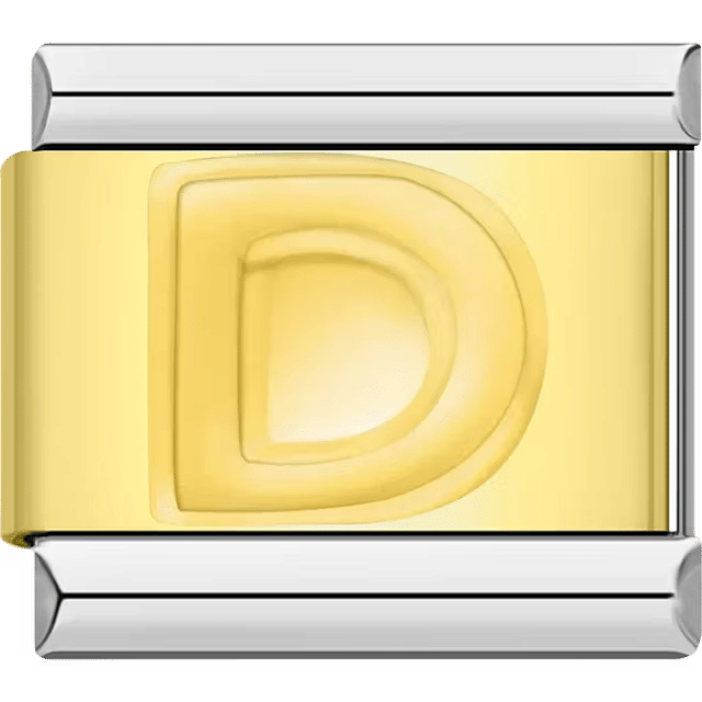 Gold Italian charm link with a raised letter "D" on a polished gold surface and silver edges.