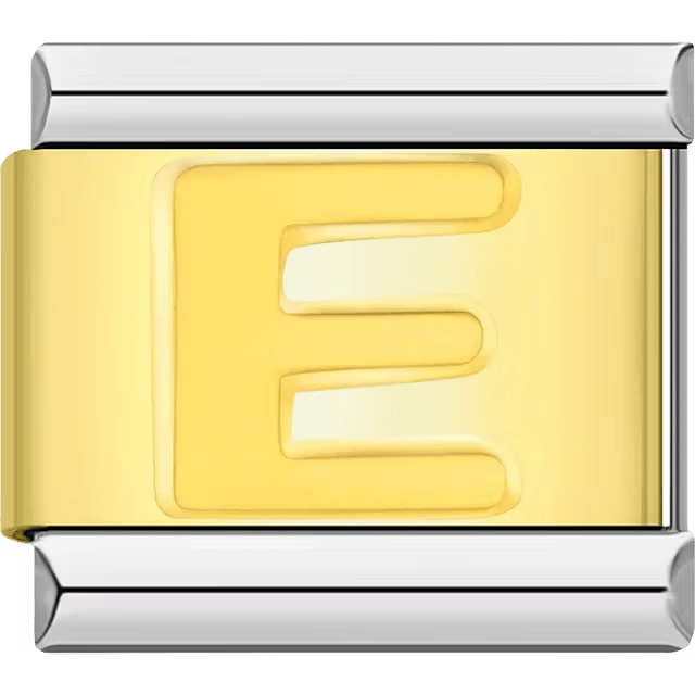 Gold Italian charm link with a raised letter "E" on a polished gold surface and silver edges.