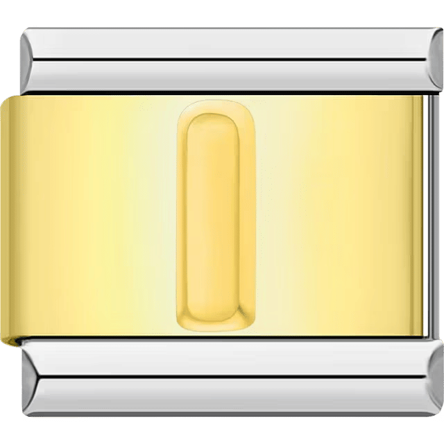Gold Italian charm link with a raised letter "I" on a polished gold surface and silver edges.