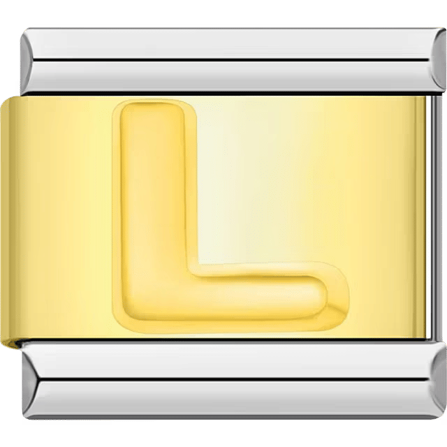 Gold Italian charm link with a raised letter "L" on a polished gold surface and silver edges.
