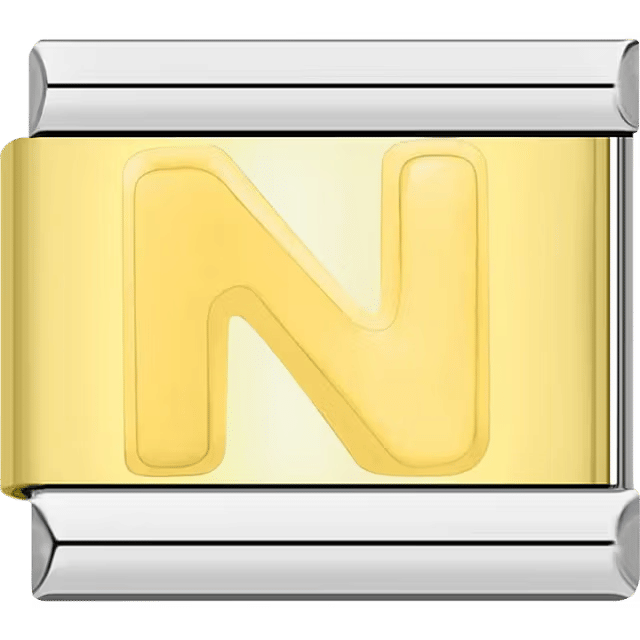 Gold Italian charm link with a raised letter "N" on a polished gold surface and silver edges.