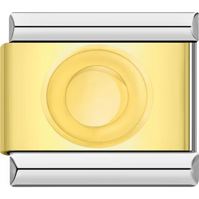 Gold Italian charm link with a raised letter "O" on a polished gold surface and silver edges.