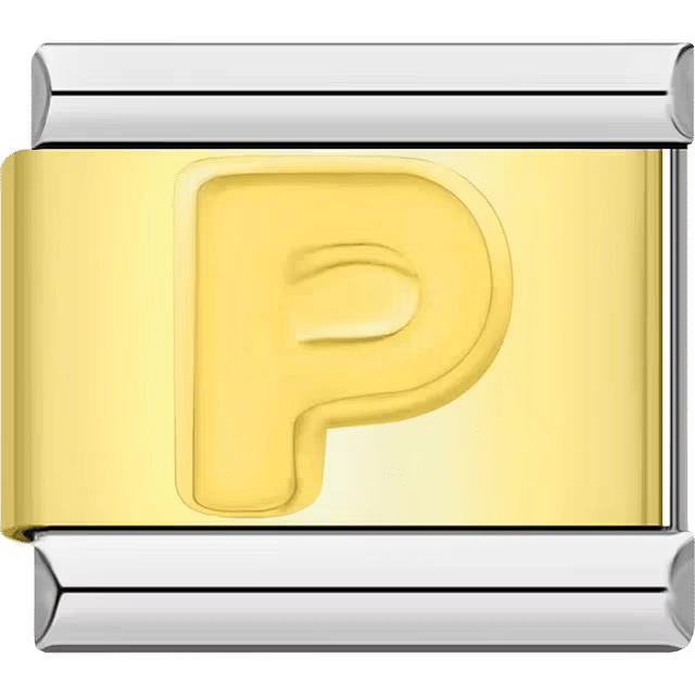 Gold Italian charm link with a raised letter "P" on a polished gold surface and silver edges.