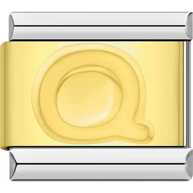 Gold Italian charm link with a raised letter "Q" on a polished gold surface and silver edges.