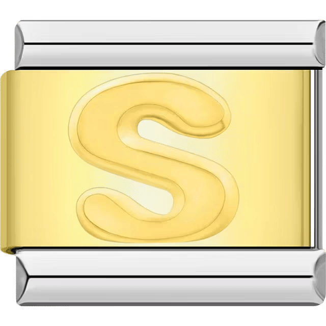 Gold Italian charm link with a raised letter "S" on a polished gold surface and silver edges.