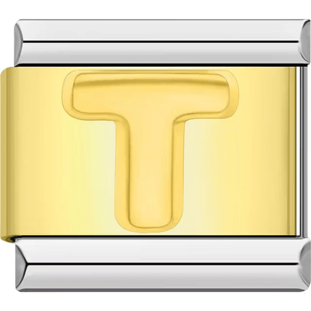 Gold Italian charm link with a raised letter "T" on a polished gold surface and silver edges.