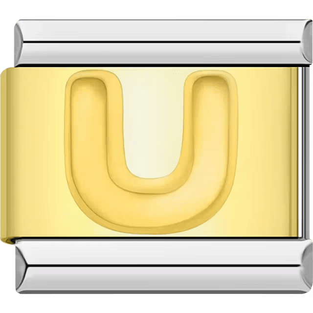 Gold Italian charm link with a raised letter "U" on a polished gold surface and silver edges.