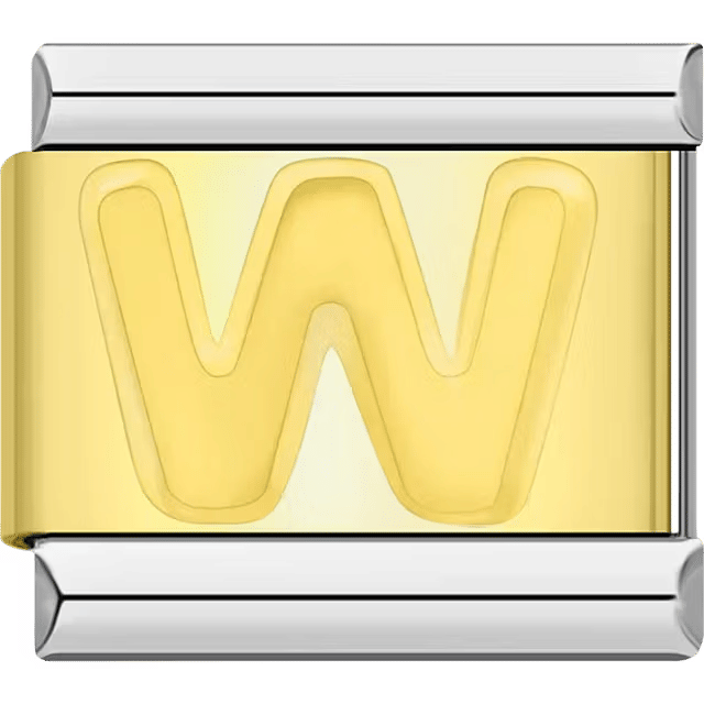 Gold Italian charm link with a raised letter "W" on a polished gold surface and silver edges.