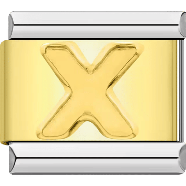 Gold Italian charm link with a raised letter "X" on a polished gold surface and silver edges.