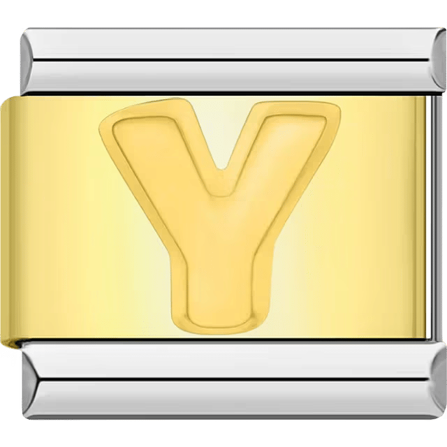 Gold Italian charm link with a raised letter "Y" on a polished gold surface and silver edges.