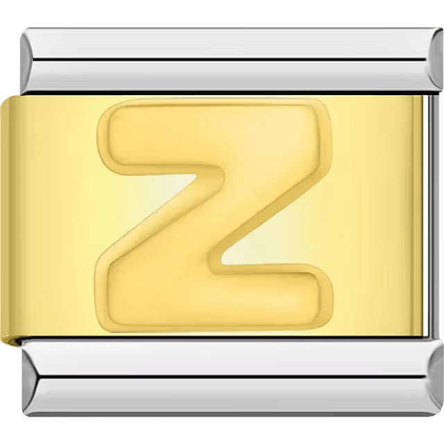 Gold Italian charm link with a raised letter "Z" on a polished gold surface and silver edges.