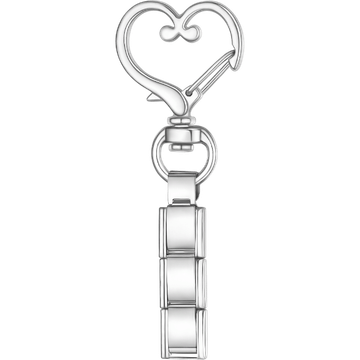 Silver Italian charm key chain with a heart-shaped clasp at the top and a short segment of blank rectangular links below.