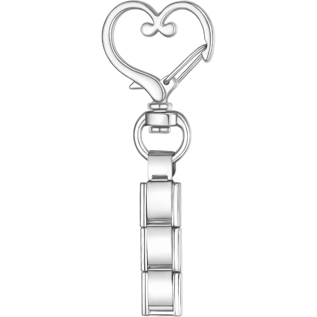 Silver Italian charm key chain with a heart-shaped clasp at the top and a short segment of blank rectangular links below.