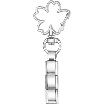 Silver Italian charm key chain with a four-leaf clover-shaped clasp at the top and a short segment of blank rectangular links below.