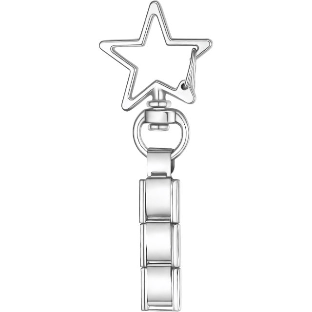 Silver Italian charm key chain with a large open star-shaped clasp at the top and a short segment of blank rectangular links below.
