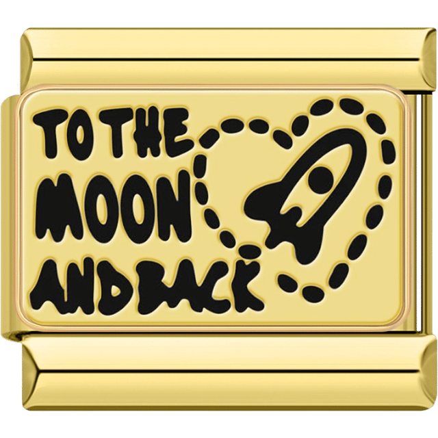 Gold rectangular Italian charm bracelet link featuring black text reading "TO THE MOON AND BACK" and a black rocket illustration with a dotted trail in the shape of a heart.