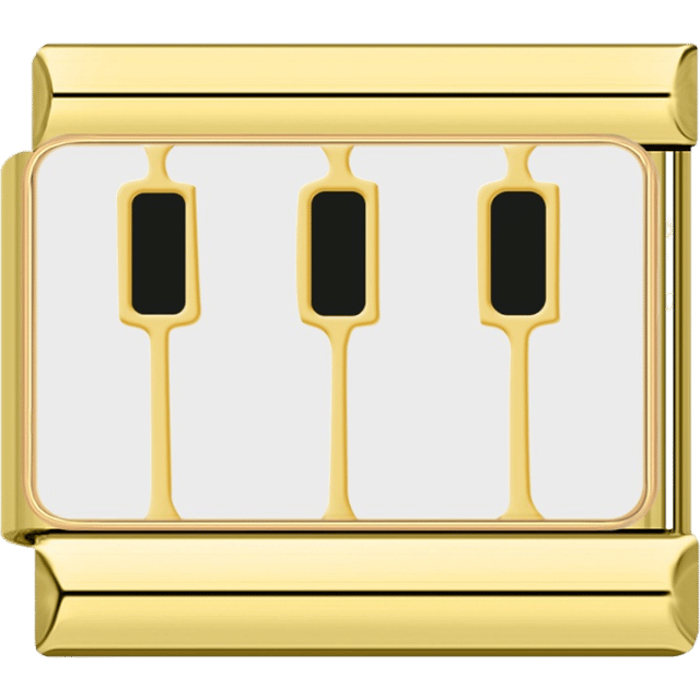 Gold rectangular Italian charm bracelet link featuring a design resembling three black piano keys on a white and gold background.