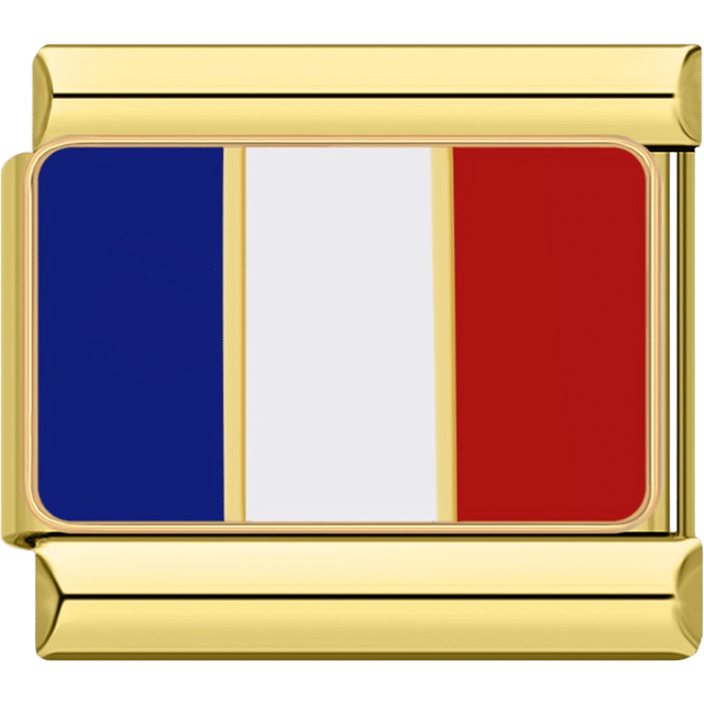 Gold rectangular Italian charm bracelet link featuring the flag of France with vertical blue, white, and red stripes.