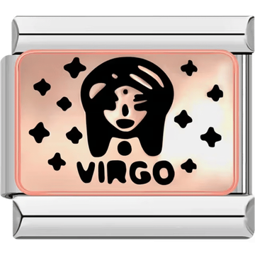 Rectangular Italian charm featuring a black maiden face symbol for Virgo on a rose background surrounded by stars.