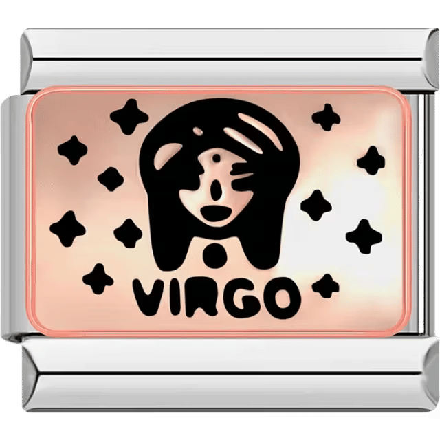 Rectangular Italian charm featuring a black maiden face symbol for Virgo on a rose background surrounded by stars.