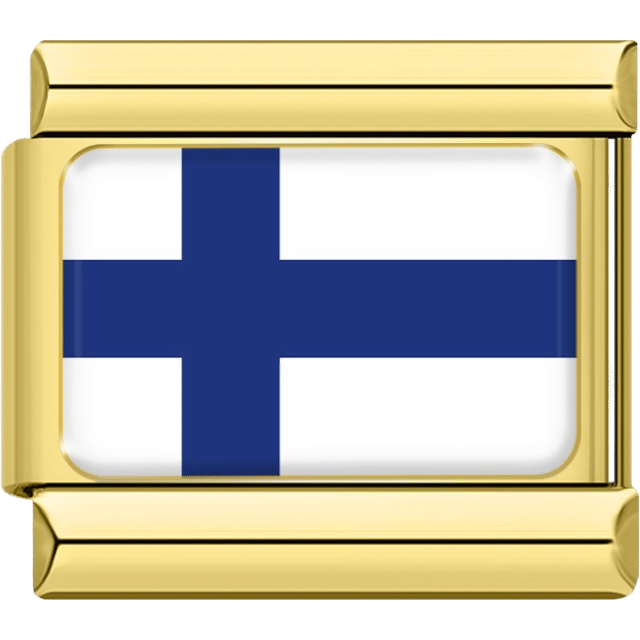 Gold rectangular Italian charm bracelet link featuring the flag of Finland, with a white background and a blue Nordic cross.