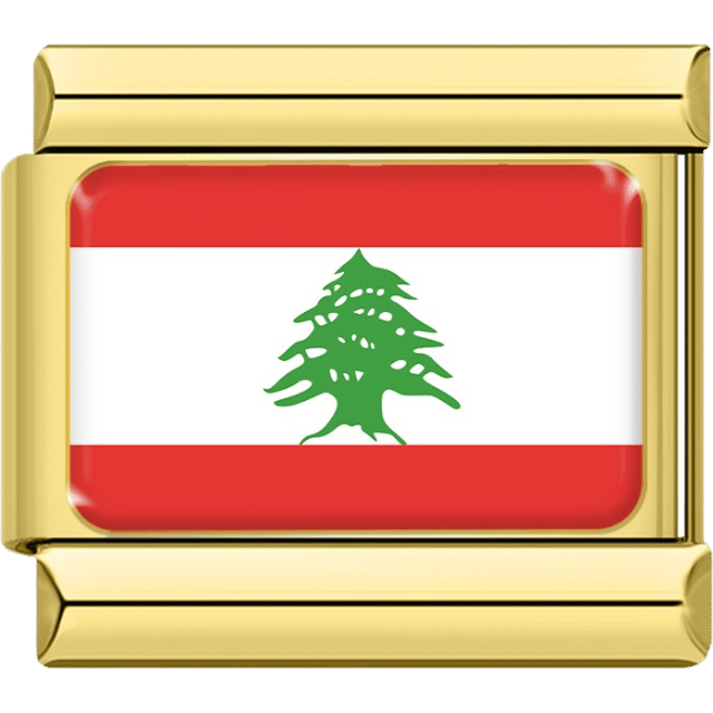 Gold rectangular Italian charm bracelet link featuring the flag of Lebanon, with two horizontal red stripes on the top and bottom, a white stripe in the middle, and a green cedar tree in the center.