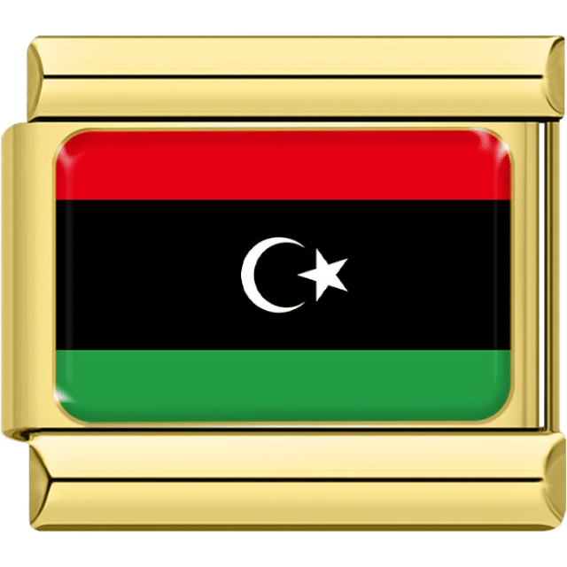 Gold rectangular Italian charm bracelet link featuring the flag of Libya, with horizontal stripes of red, black, and green, and a white crescent and star in the center.