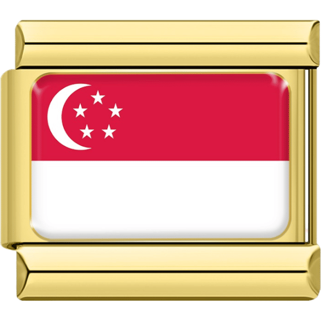 Gold rectangular Italian charm bracelet link featuring the flag of Singapore, with two horizontal bands of red (top) and white (bottom), a white crescent moon and five white stars in the upper left.