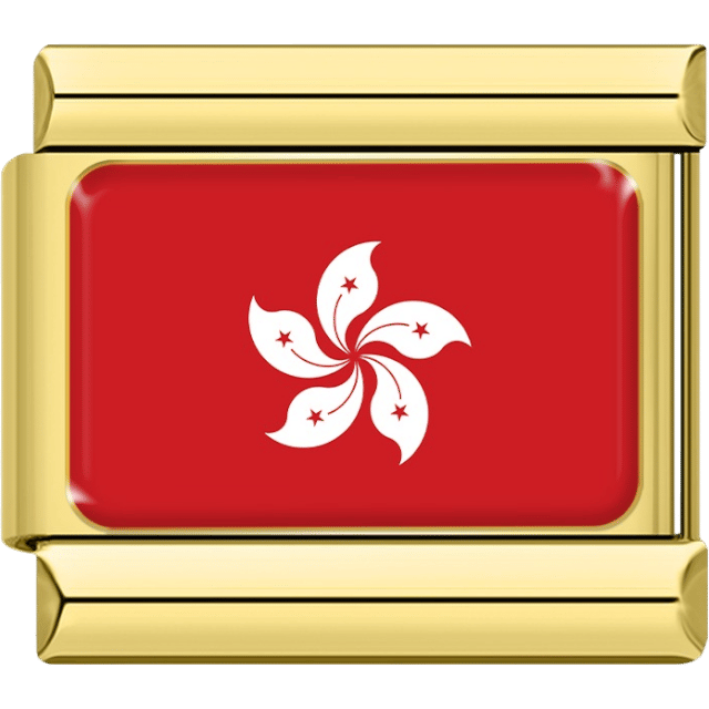 Gold rectangular Italian charm bracelet link featuring the flag of Hong Kong, with a red background and a white, five-petaled orchid flower with red stars.