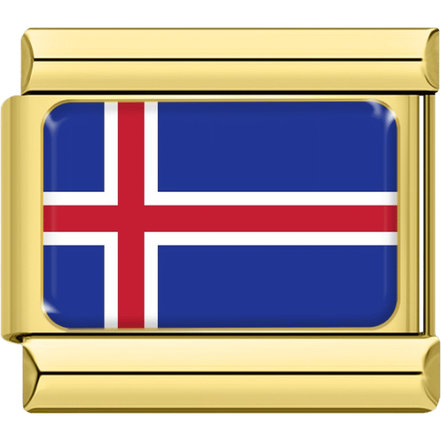 Gold rectangular Italian charm bracelet link featuring the flag of Iceland, with a blue background and a red cross outlined in white.