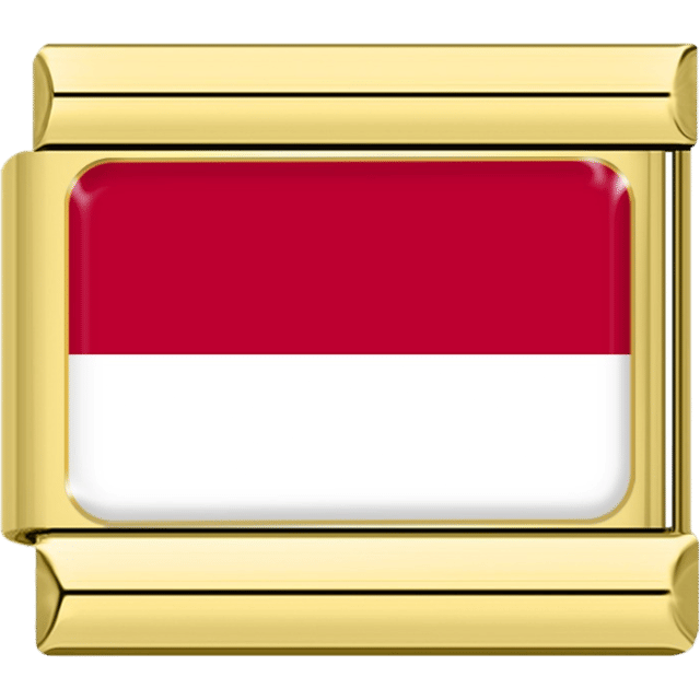 Gold rectangular Italian charm bracelet link featuring the flag of Indonesia, with two horizontal bands of red (top) and white (bottom).
