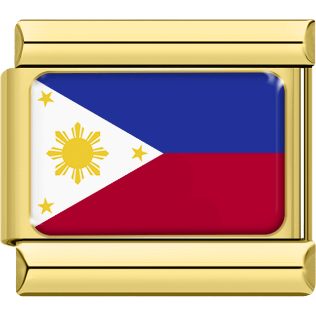 Gold rectangular Italian charm bracelet link featuring the flag of the Philippines, with a white triangle containing a yellow sun and three stars, a blue upper band, and a red lower band.