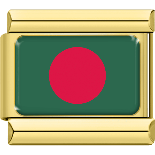 Gold rectangular Italian charm bracelet link featuring the flag of Bangladesh, with a dark green field and a red circle slightly off-center.