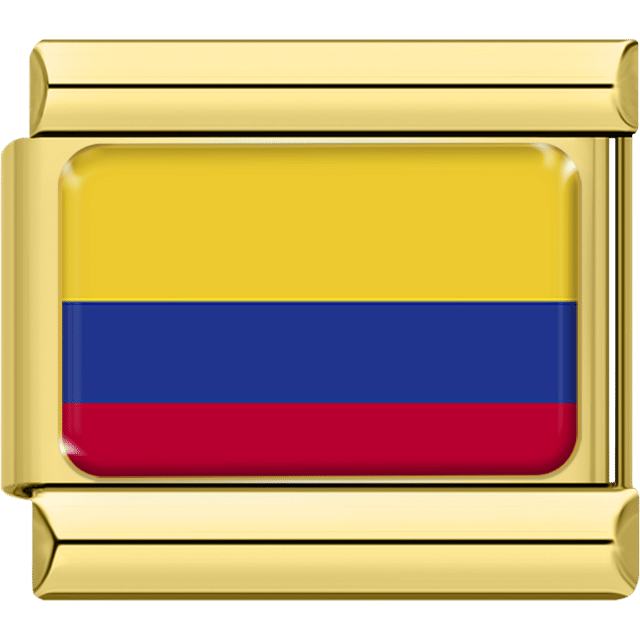 Gold rectangular Italian charm bracelet link featuring the flag of Colombia, with yellow, blue, and red horizontal stripes.