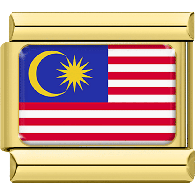 Gold rectangular Italian charm bracelet link featuring the flag of Malaysia, with red and white stripes, a blue square featuring a yellow crescent and star in the upper left corner.