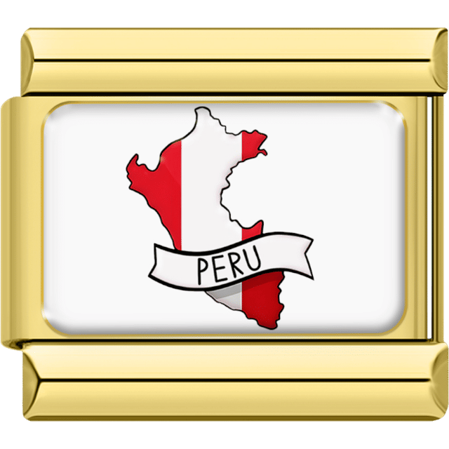 Italian charm with gold border featuring the map of Peru in vertical red and white flag stripes, with a curved banner saying “Peru.”