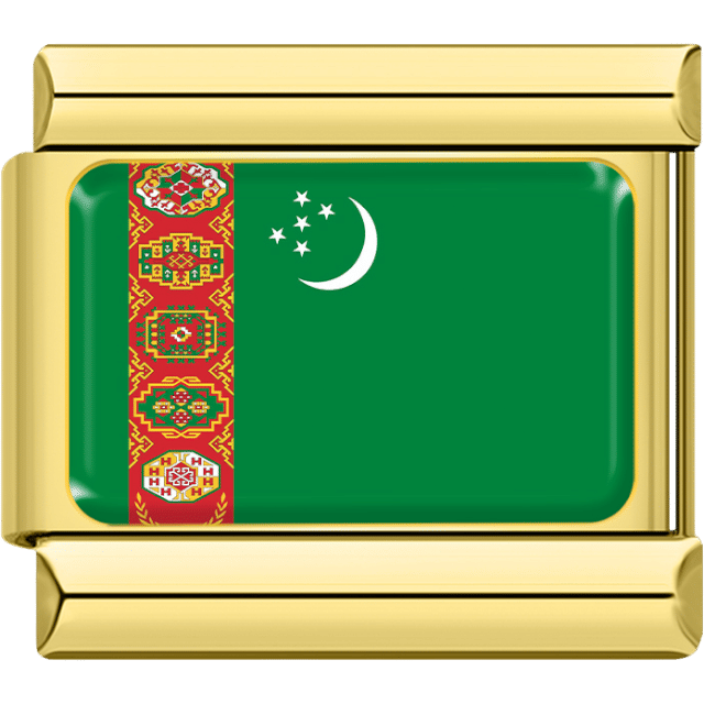 Gold rectangular Italian charm bracelet link featuring the flag of Turkmenistan, with a green field, white crescent moon and five stars, and intricate red carpet pattern on the left.