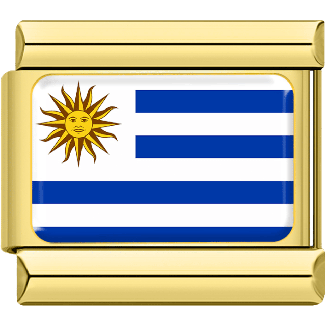 Gold rectangular Italian charm bracelet link featuring the flag of Uruguay, with nine alternating white and blue horizontal stripes, and a white square in the upper left featuring a golden sun.