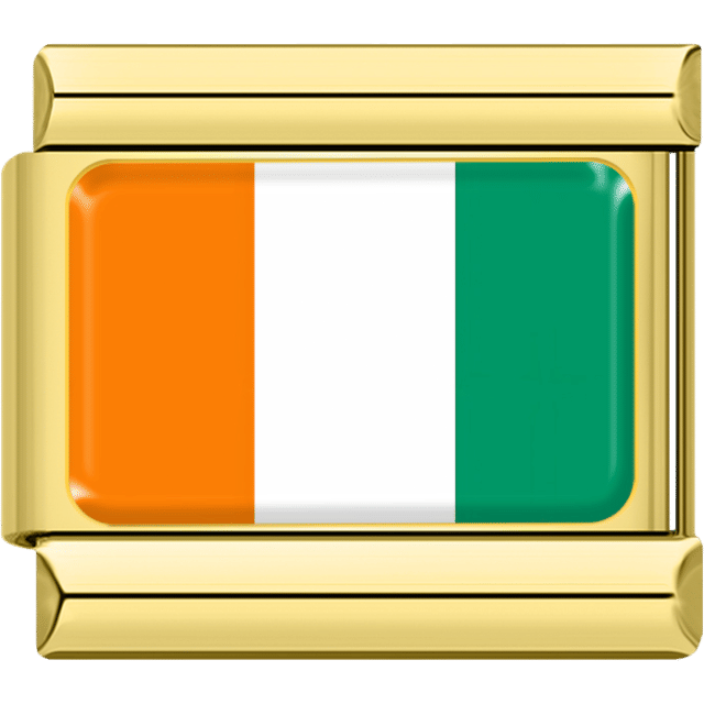Gold rectangular Italian charm bracelet link featuring the flag of Côte d’Ivoire, with vertical stripes of orange, white, and green.