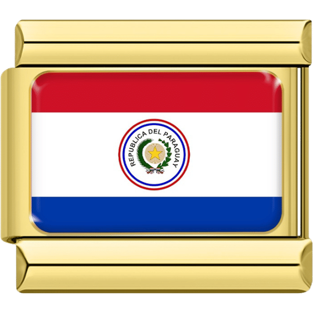 Flag of Paraguay with red, white and blue horizontal stripes and national emblem in the center white band inside a gold charm frame