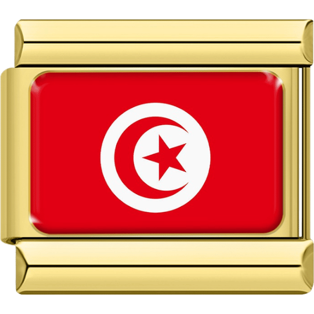 Gold Italian charm featuring the flag of Tunisia with a white circle containing a red star and crescent on a red background.