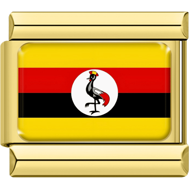 Gold Italian charm featuring the flag of Uganda with black, yellow, and red stripes and a crested crane emblem in a white circle at the center.